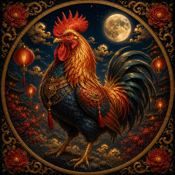 Ilustración del Gallo en el horóscopo chino